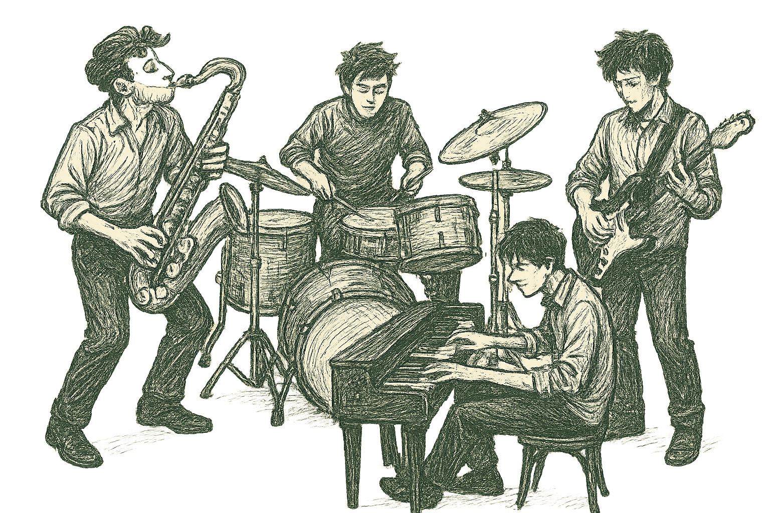 Getekende illustratie van de Relovation band